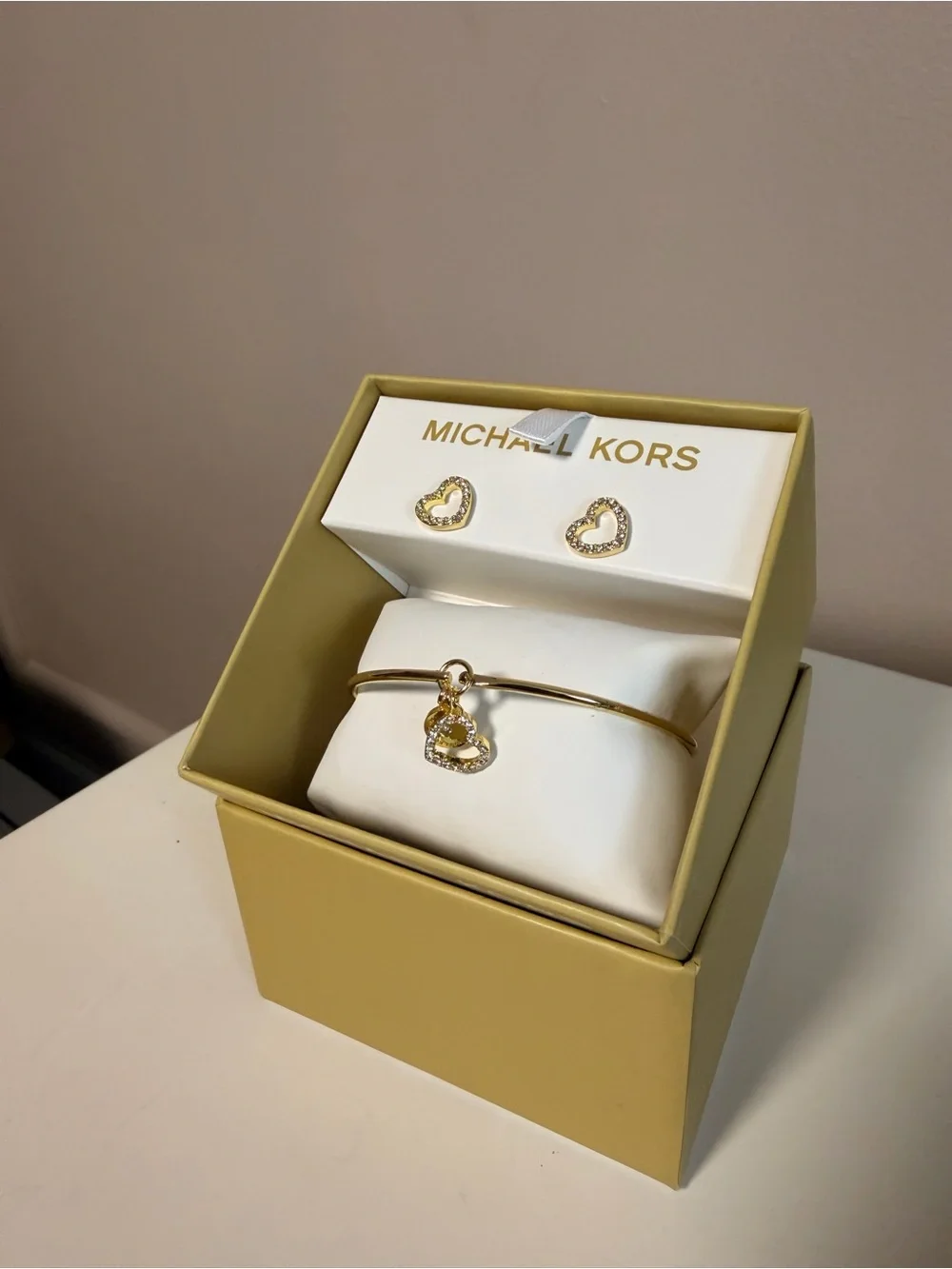 Michael Kors Gold Heart Charm Bangle with Crystal Heart Studs